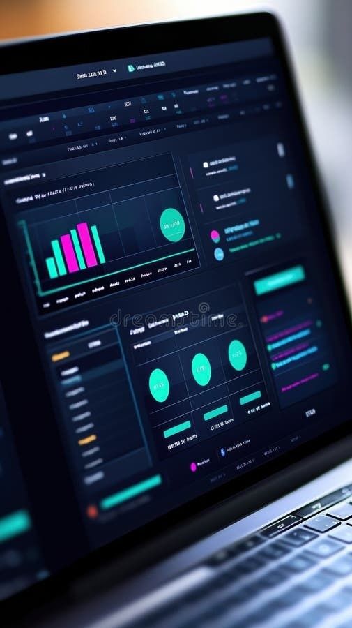 Laptop met donker marketingdashboard vol grafieken en kleurrijke meetcijfers