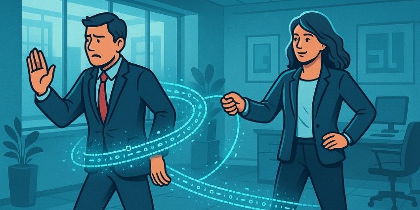 Zakelijke man en vrouw verbonden door een digitale klantrelatielijn