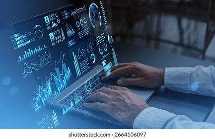 Persoon analyseert grafieken en statistische gegevens op een laptop